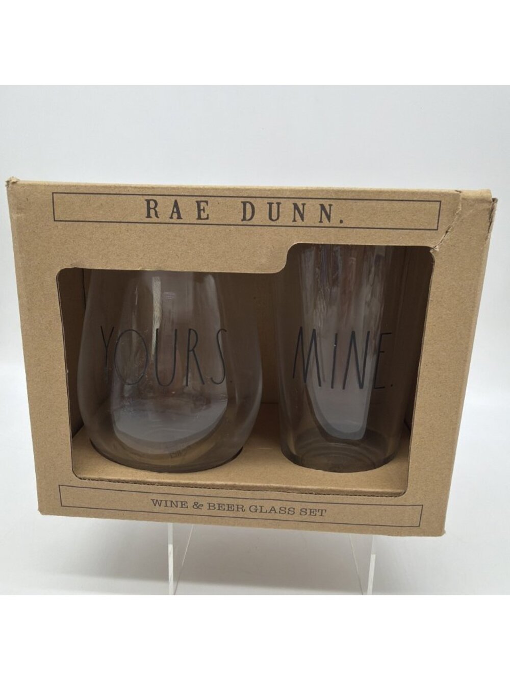 “YOURS & MINE" By Rae Dunn Wine & Beer Glass Set Husband Wife Gift Wedding NIB